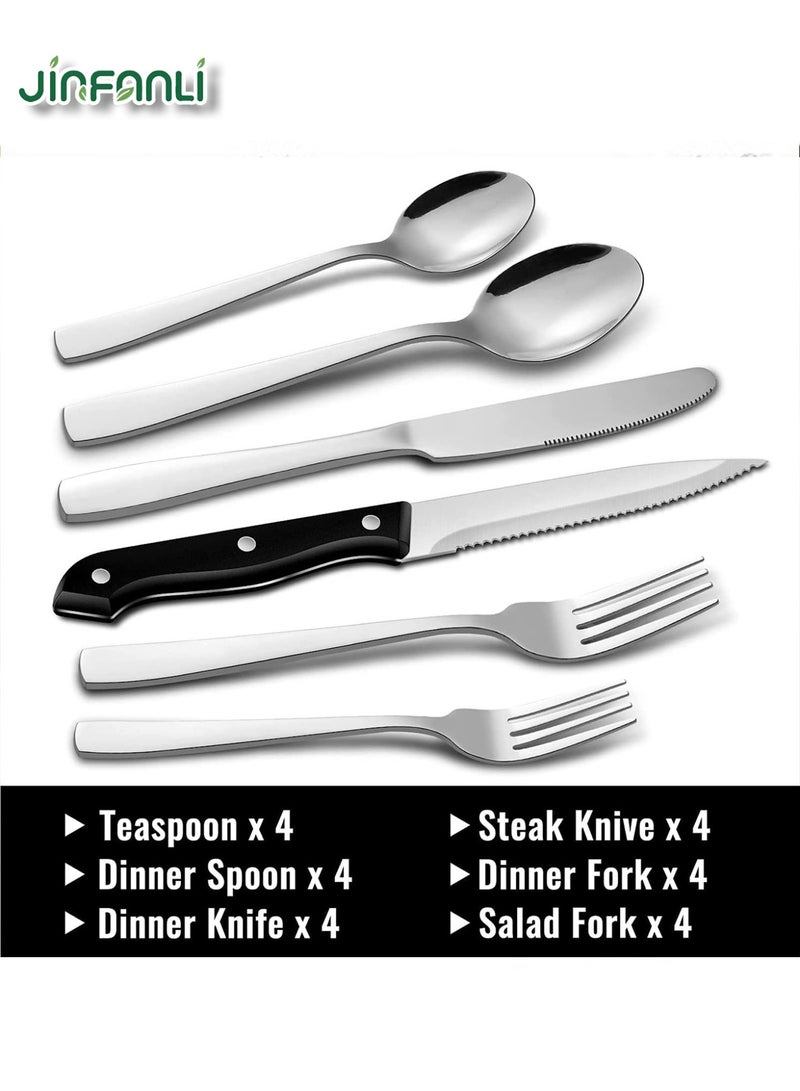 جين فان ل أنا طقم أدوات مائدة من 24 قطعة مع سكاكين شرائح اللحم تكفي 4 أشخاص، طقم أدوات مائدة من الفولاذ المقاوم للصدأ، طقم أدوات مائدة مصقولة بمرآة، طقم أدوات مائدة للمطبخ المنزلي، يتضمن طقم شوكة وسكين وملعقة - Image 4